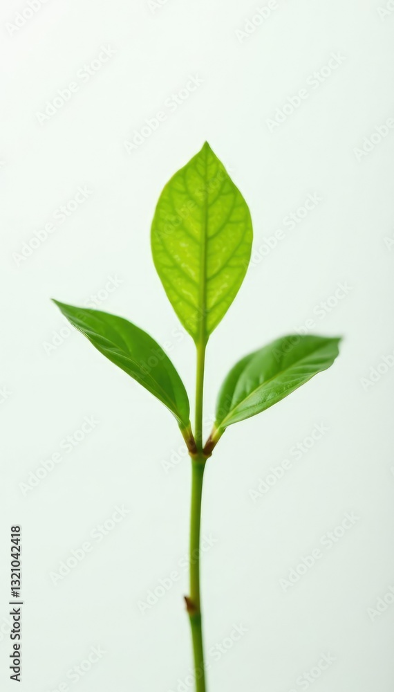Fototapeta premium Small green stem in focus on white background, foliage, stem, botanical