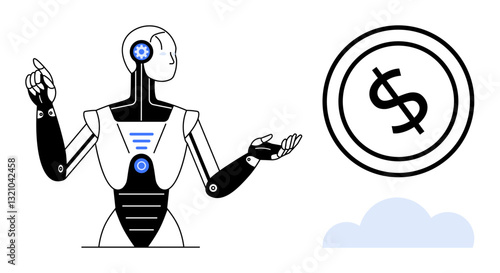Futuristic robot gestures toward a dollar sign and cloud, symbolizing AIs role in financial technology, innovation, and digital transformation. Ideal for technology, finance, AI, investment