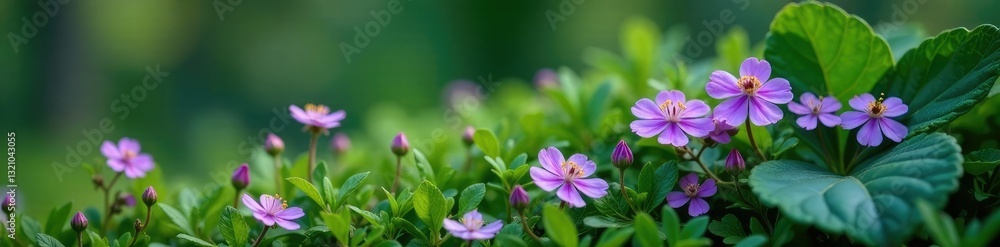 Small purple flowers scattered around a large leafy branch, wildflowers, nature Small purple flowers scattered around a large leafy branch, wildflowers, nature