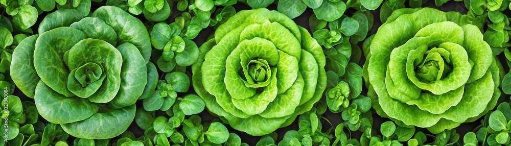 Three vibrant green lettuce heads arranged neatly, surrounded by lush green leaves, showcasing freshness and vitality. Three vibrant green lettuce heads arranged neatly, surrounded by lush green leaves, showcasing freshness and vitality.