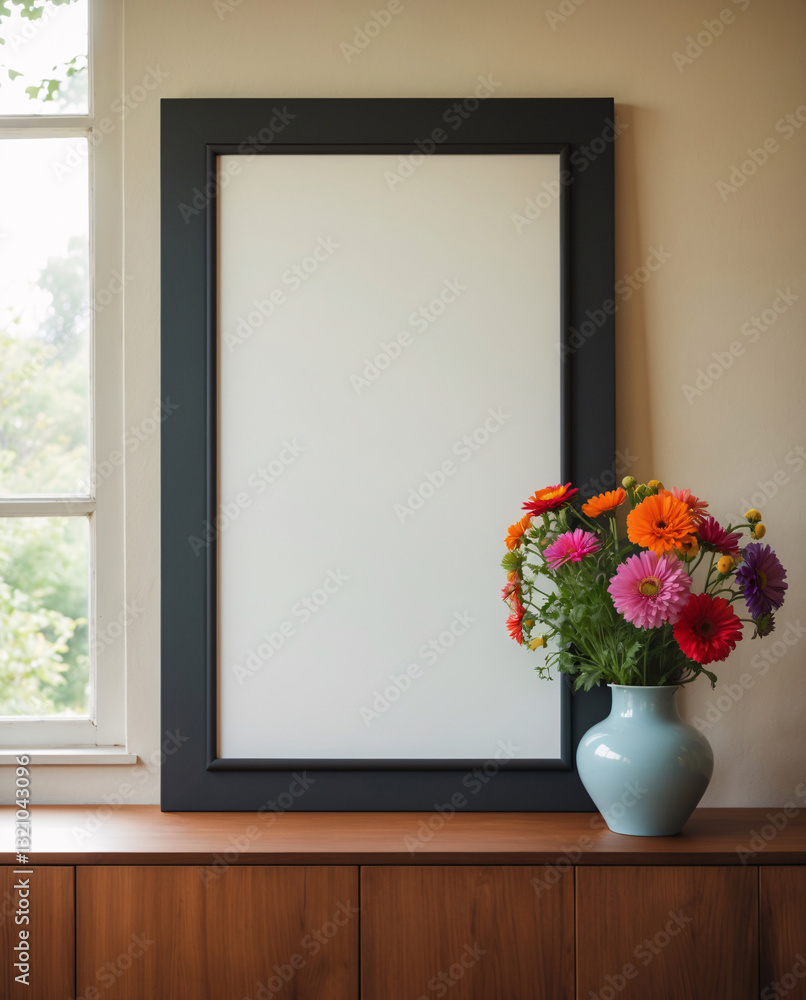 Charming living space with a blank canvas on rustic wooden table and wildflowers in a vase for natural warmth Interior design inspiration stock photo Charming living space with a blank canvas on rustic wooden table and wildflowers in a vase for natural warmth Interior design inspiration stock photo