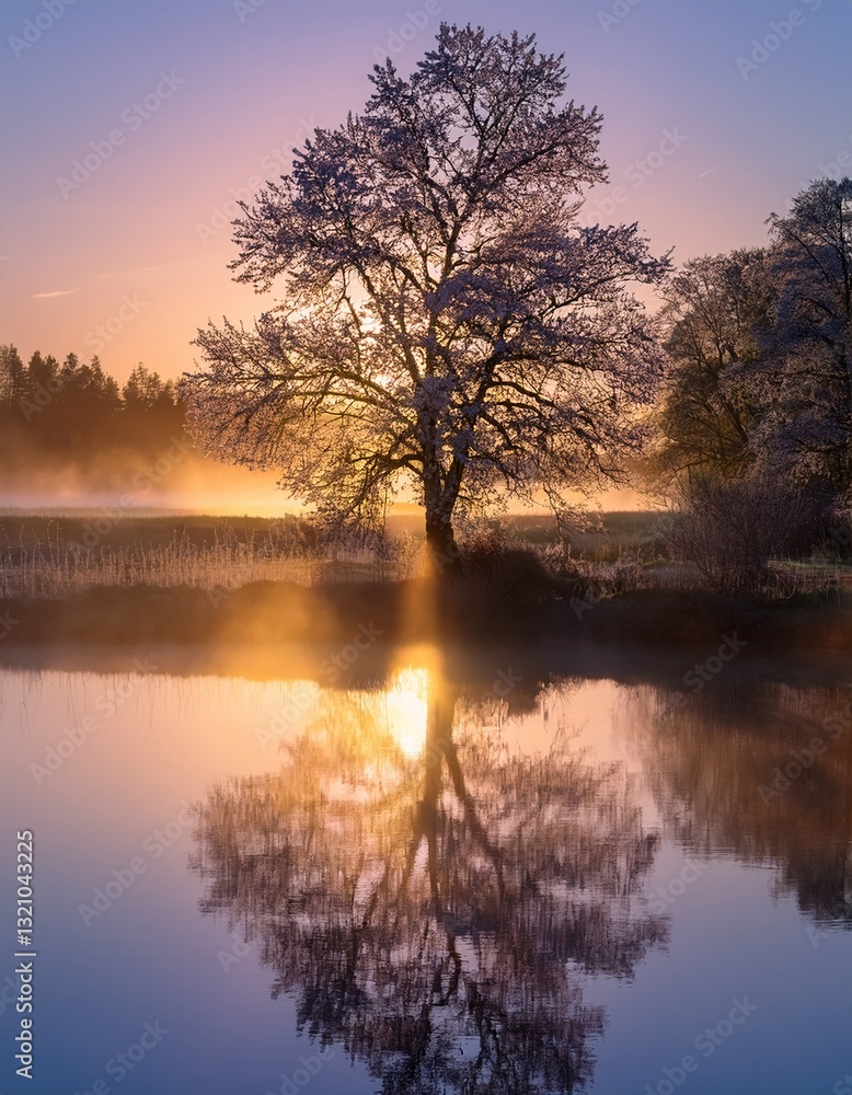 serene spring landscape with a blooming tree and a reflection on a lake serene spring landscape with a blooming tree and a reflection on a lake