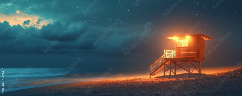 Illuminated lifeguard tower at night on beach with starry sky and ocean waves Illuminated lifeguard tower at night on beach with starry sky and ocean waves