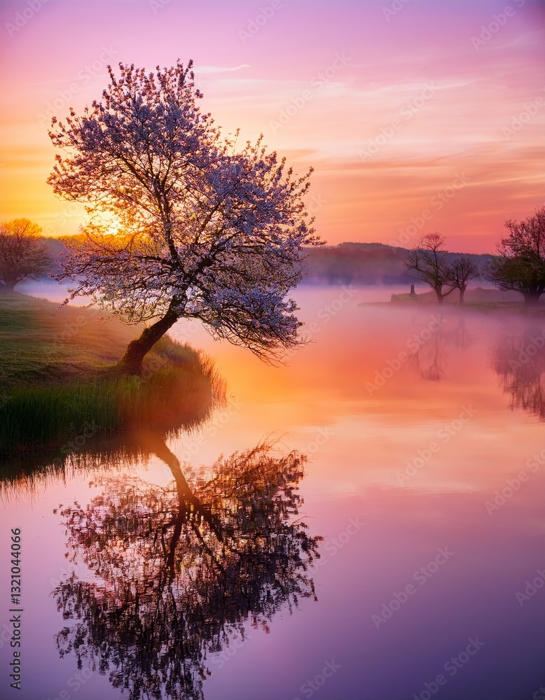 Fototapeta premium serene spring landscape with a blooming tree and a reflection on a lake