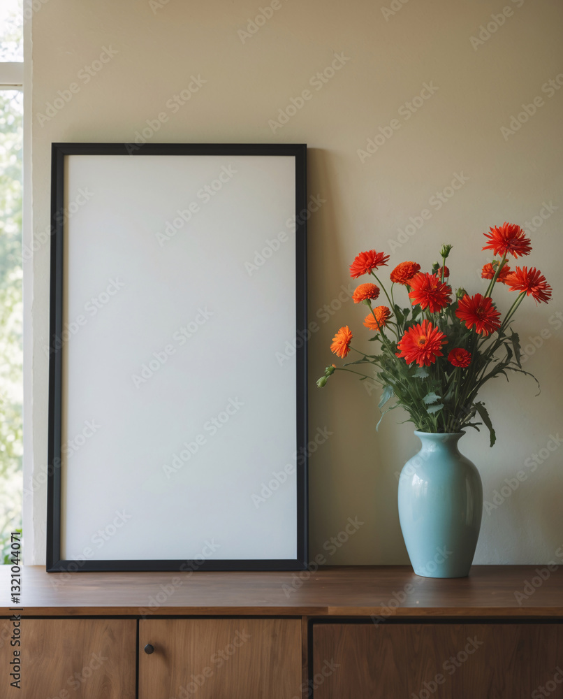 Contemporary art on a blank canvas paired with wooden furniture and a wildflower vase for stylish decor Interior design inspiration stock photo Contemporary art on a blank canvas paired with wooden furniture and a wildflower vase for stylish decor Interior design inspiration stock photo