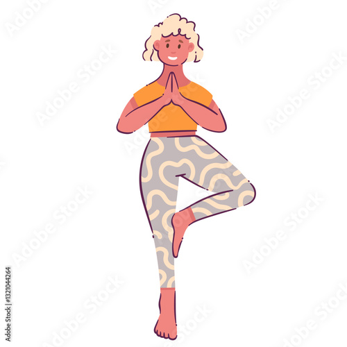 Yoga meditation in Tree pose of cartoon woman. Funny yogini standing in Vrikshasana to practice tranquil pranayama. Yoga asana, retreat mascot, cartoon cute balance posture vector illustration