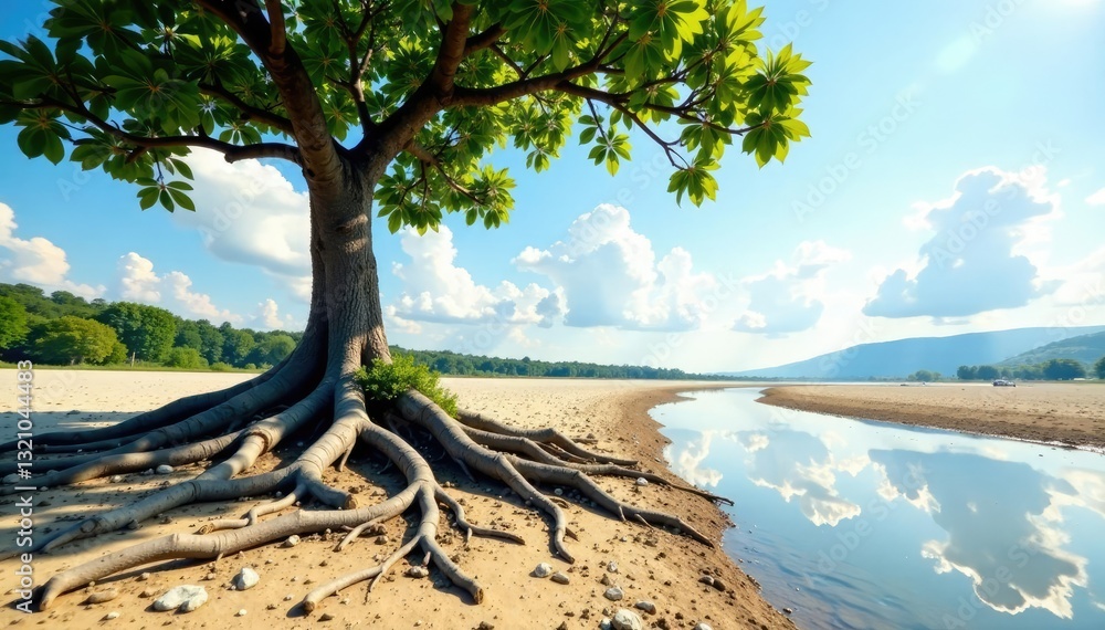 Solitary tree roots stretching across dry riverbed, landscape, tree