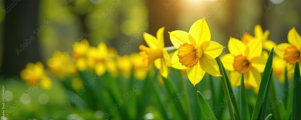Fototapeta premium Solo yellow narcissus flowers blooming in a garden, spring, flowers