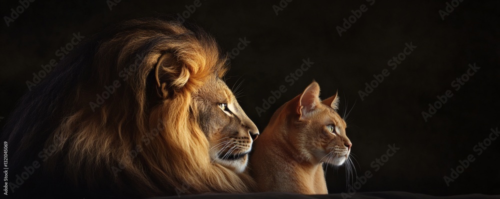 Fototapeta premium A majestic lion and a domestic cat gaze into the distance