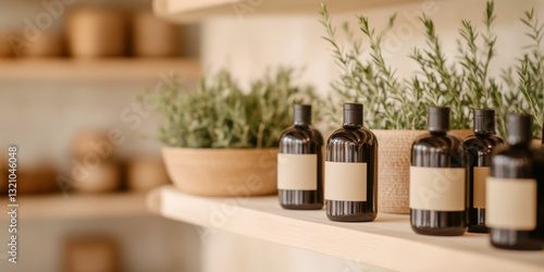 Wallpaper Mural Aesthetic arrangement of spa oils and aromatic herbs on wooden shelf in natural setting Torontodigital.ca