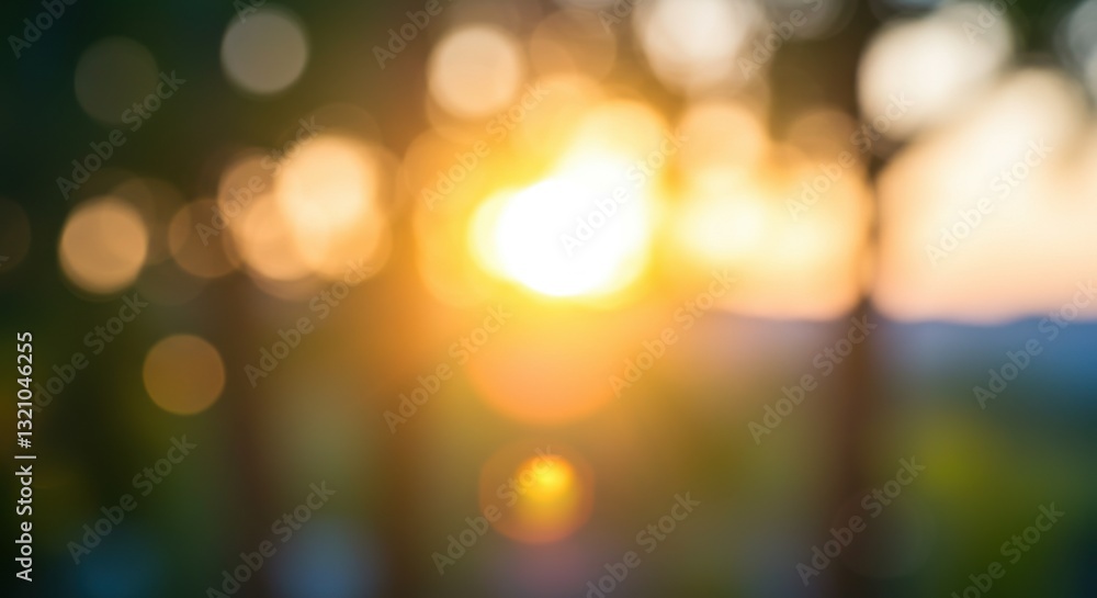 Blurred sunset with bokeh effect, trees in foreground, serene atmosphere Blurred sunset with bokeh effect, trees in foreground, serene atmosphere