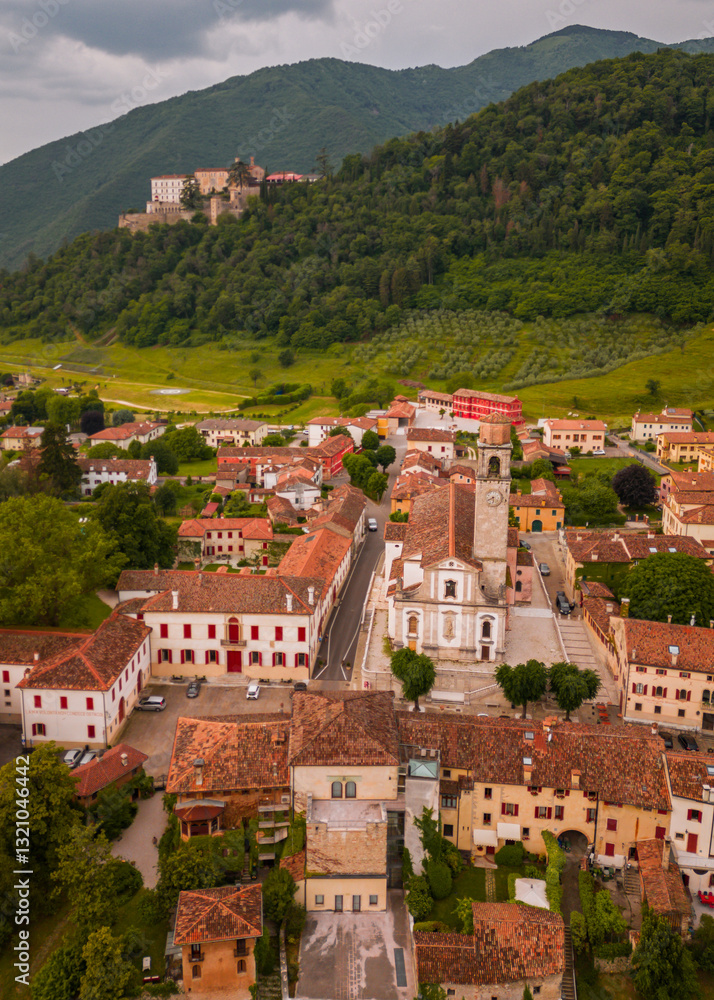 Aerial Perspective of Cison di Valmarino: Church and Village Detail Aerial Perspective of Cison di Valmarino: Church and Village Detail