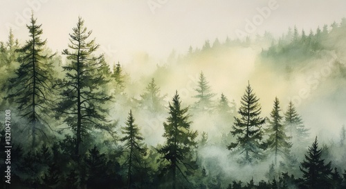 Misty mountain forest landscape