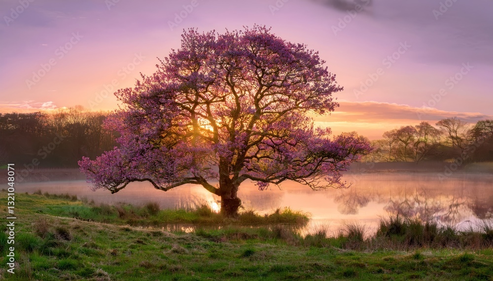 Fototapeta premium serene spring landscape with a blooming tree and a reflection on a lake