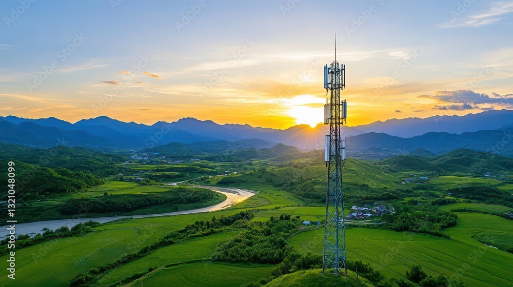 Cell tower standing tall in the mountains against a clear blue sky representing telecommunications and connectivity Cell tower standing tall in the mountains against a clear blue sky representing telecommunications and connectivity