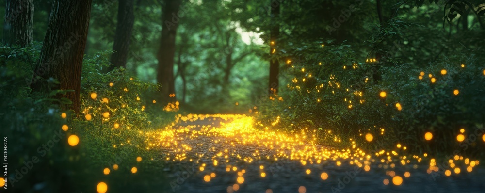 Enchanting forest path lit by glowing fireflies at dusk Enchanting forest path lit by glowing fireflies at dusk