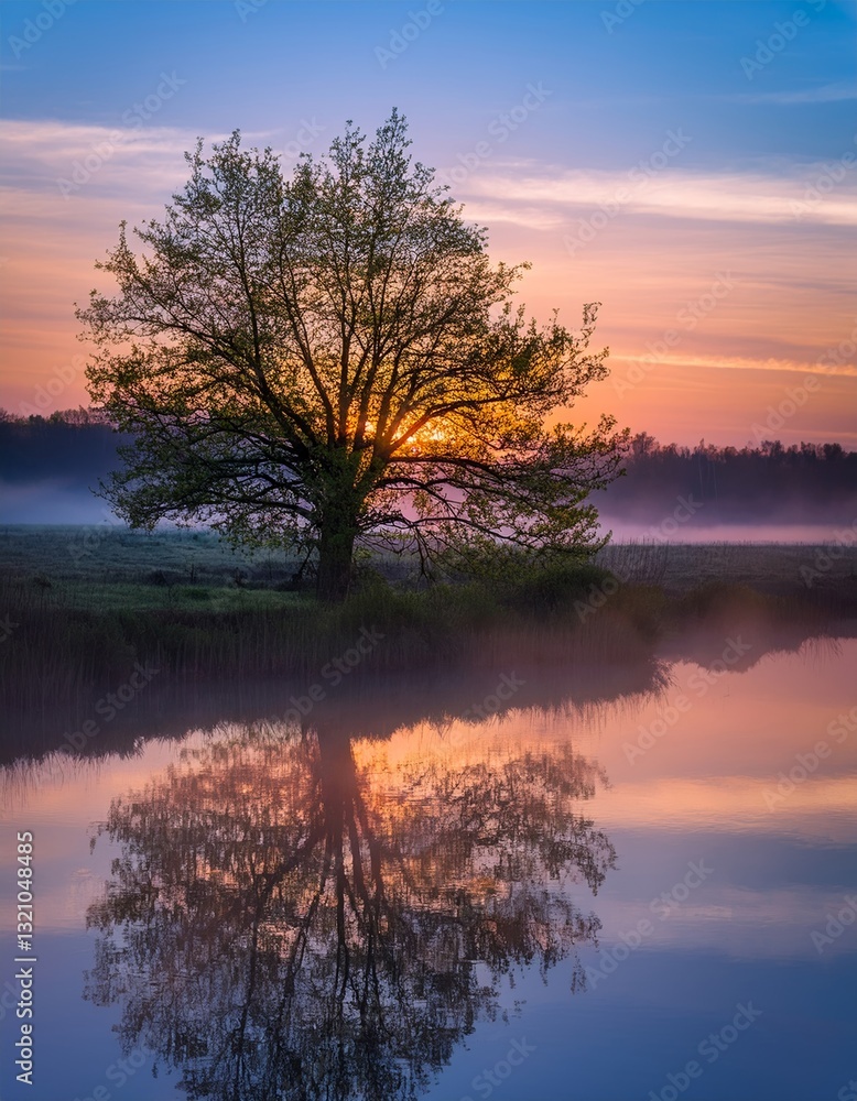serene spring landscape with a blooming tree and a reflection on a lake serene spring landscape with a blooming tree and a reflection on a lake