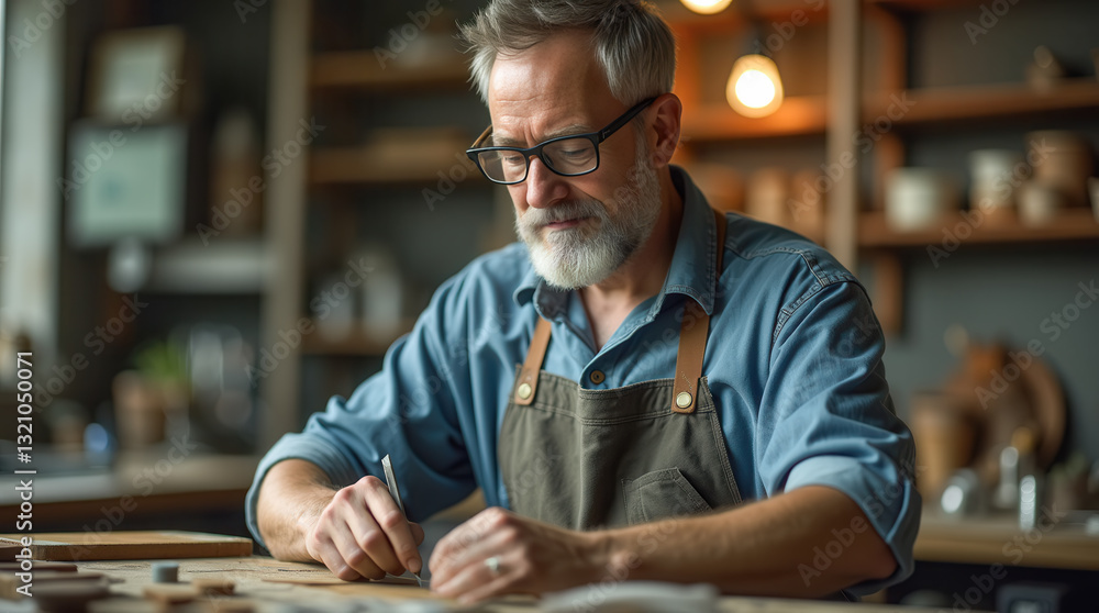 Portrait of carpenter working in a traditional woodworking workshop. Portrait of carpenter working in a traditional woodworking workshop.