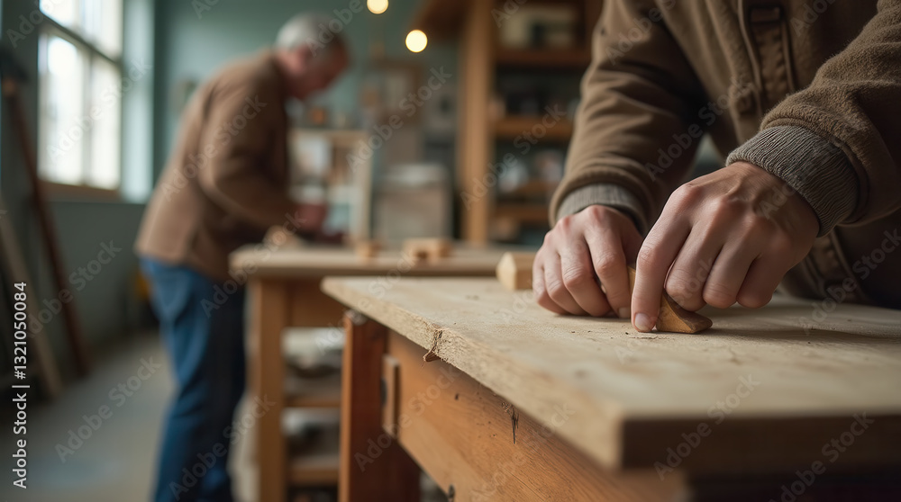 Carpenter working in a traditional woodworking workshop. Carpenter working in a traditional woodworking workshop.