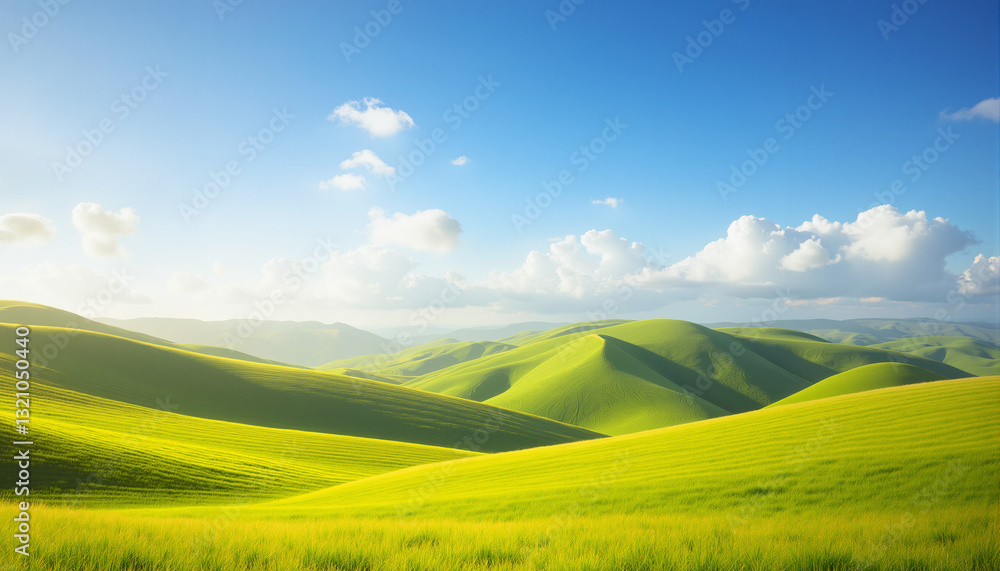 Fototapeta premium A majestic landscape showcasing rolling green hills under a vibrant blue sky with scattered white clouds.