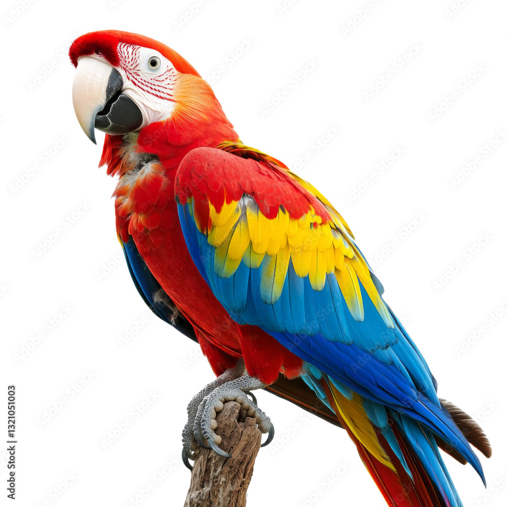 Naklejka premium Vibrant scarlet macaw perched on branch, showcasing bright red, yellow, and blue feathers. This stunning bird exudes beauty and grace in its natural pose