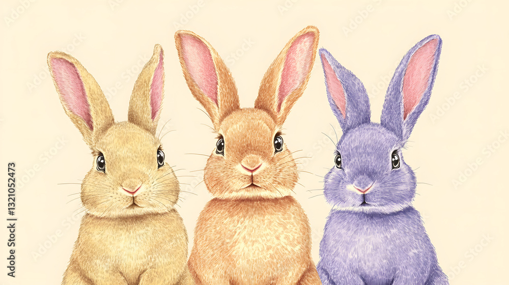Obraz premium Hand-drawn Easter bunnies in pastel hues with detailed textures for greeting card designs.