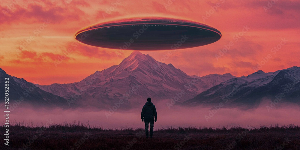 Fototapeta premium A lone figure stands beneath a hovering UFO against a stunning sunset, with mountains shrouded in mist, creating a sense of wonder and intrigue.
