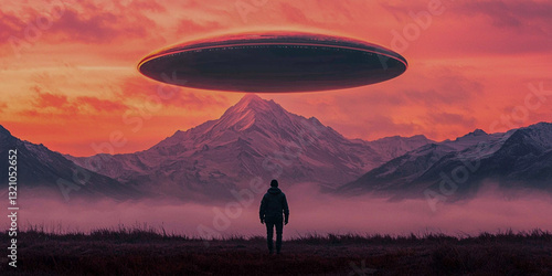 A lone figure stands beneath a hovering UFO against a stunning sunset, with mountains shrouded in mist, creating a sense of wonder and intrigue.