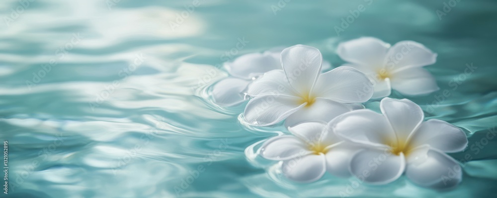 Tranquil floating white flowers on light blue rippled water surface Tranquil floating white flowers on light blue rippled water surface