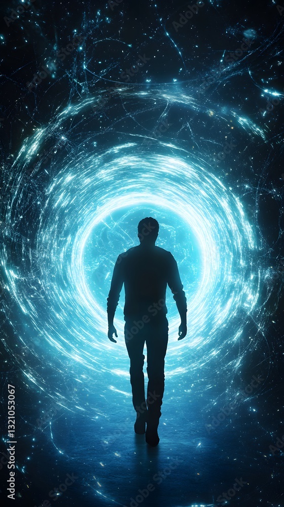 A time traveler stepping through a swirling energy portal into an unknown futuristic realm A time traveler stepping through a swirling energy portal into an unknown futuristic realm