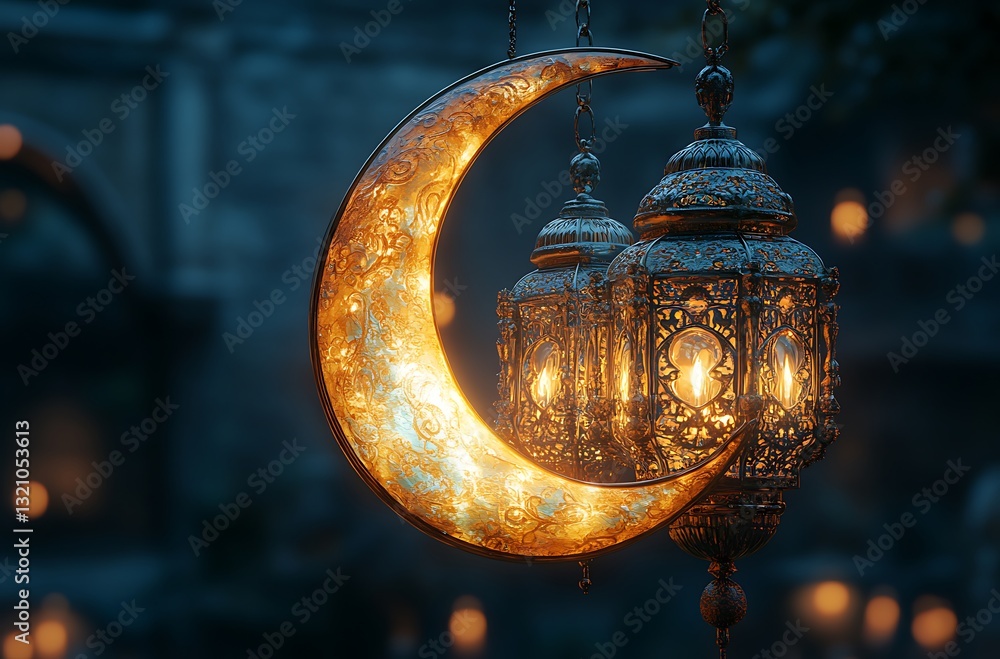 Ornate Lanterns and Crescent Moon Casting a Mystical Glow in a Dimly Lit Setting Ornate Lanterns and Crescent Moon Casting a Mystical Glow in a Dimly Lit Setting