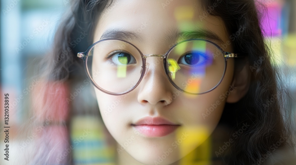 Closeup Portrait of a Young Woman Wearing Round Glasses, Pensive Expression, Colorful Reflections on Window Closeup Portrait of a Young Woman Wearing Round Glasses, Pensive Expression, Colorful Reflections on Window