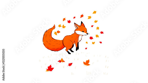 Vector illustration of a mischievous swirling fox-shaped gust of wind scattering autumn leaves