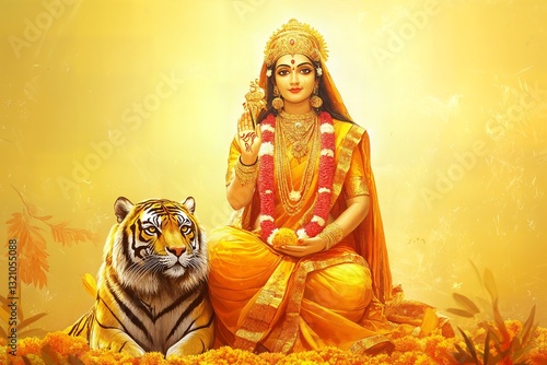 Goddess durga with tiger for chaitra navratri celebration.
