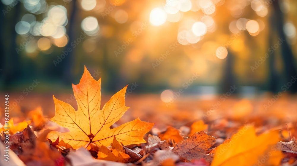 Vibrant orange maple leaves on the ground with beautiful bokeh effect for autumnal designs Vibrant orange maple leaves on the ground with beautiful bokeh effect for autumnal designs