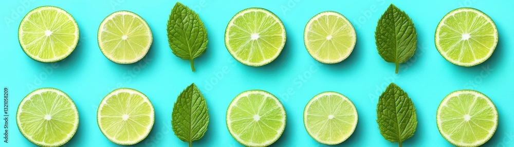 A vibrant arrangement of lime slices and mint leaves on a bright blue background, creating a refreshing and summery aesthetic. A vibrant arrangement of lime slices and mint leaves on a bright blue background, creating a refreshing and summery aesthetic.