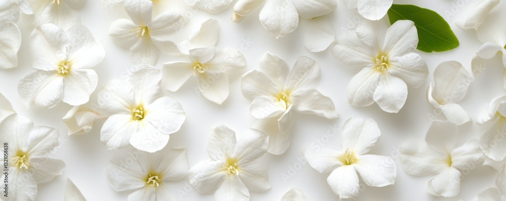 Delicate white jasmine flowers with green leaf on white background Delicate white jasmine flowers with green leaf on white background