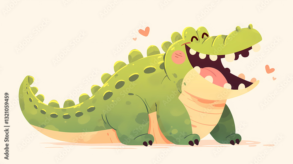Obraz premium Cartoon crocodile character smiling joyfully with hearts, set against a soft pastel background
