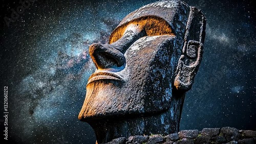 Majestic Moai Statue Under a Starry Sky at Easter Island, Night View