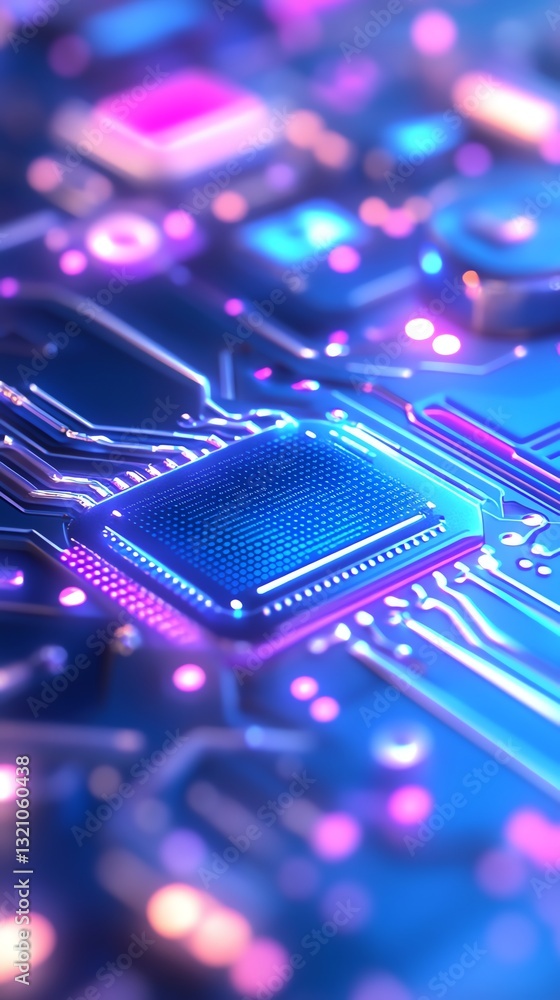 Glowing Microchip on Circuit Board with Electrical Connections and Neon Lights Glowing Microchip on Circuit Board with Electrical Connections and Neon Lights