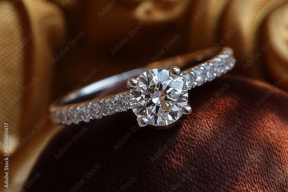 Elegant diamond engagement ring with sparkling gemstones on luxurious fabric Elegant diamond engagement ring with sparkling gemstones on luxurious fabric