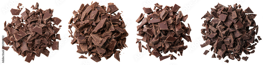 Close up shot of an assortment of decadent dark chocolate shavings chunks and pieces in various sizes shapes and textures creating a tempting display of sweet cocoa rich culinary delights for baking Close up shot of an assortment of decadent dark chocolate shavings chunks and pieces in various sizes shapes and textures creating a tempting display of sweet cocoa rich culinary delights for baking
