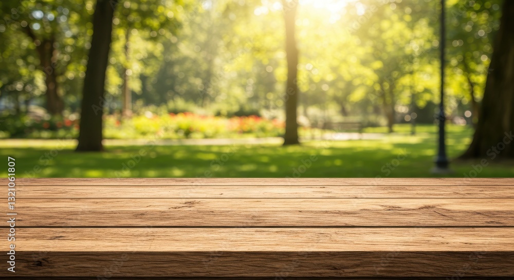 Sunlit Park with Wooden Table in Foreground and Lush Greenery Behind Sunlit Park with Wooden Table in Foreground and Lush Greenery Behind