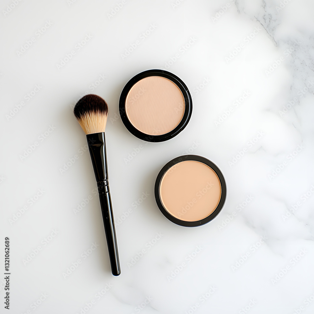 Flat lay of compact powders and makeup brush on marble Flat lay of compact powders and makeup brush on marble
