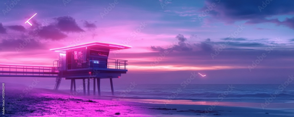 Neon-lit beachfront at sunset with clouds and reflective waves Neon-lit beachfront at sunset with clouds and reflective waves