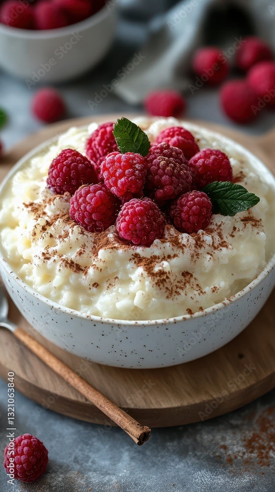 Creamy rice pudding topped with fresh raspberries and mint leaves served on a wooden board Creamy rice pudding topped with fresh raspberries and mint leaves served on a wooden board