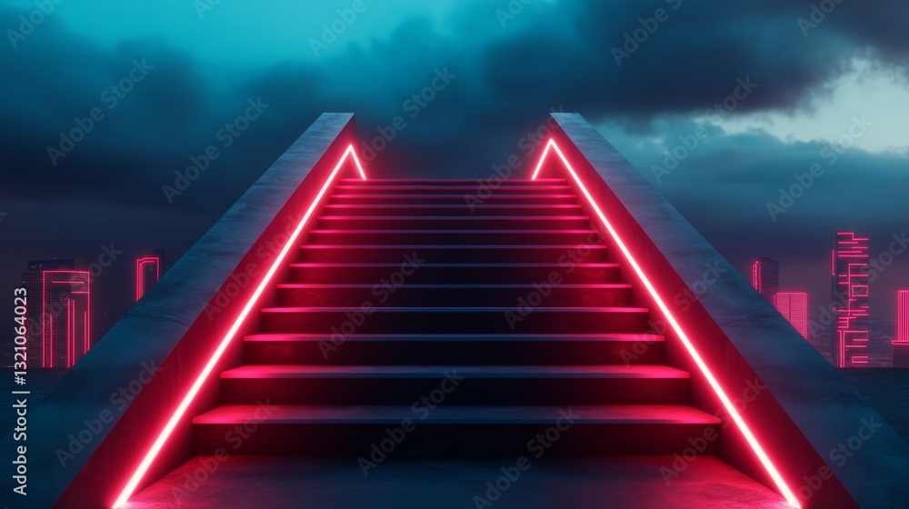 Fototapeta premium Futuristic levitating glass steps glowing with neon lights, floating above a cyberpunk city skyline