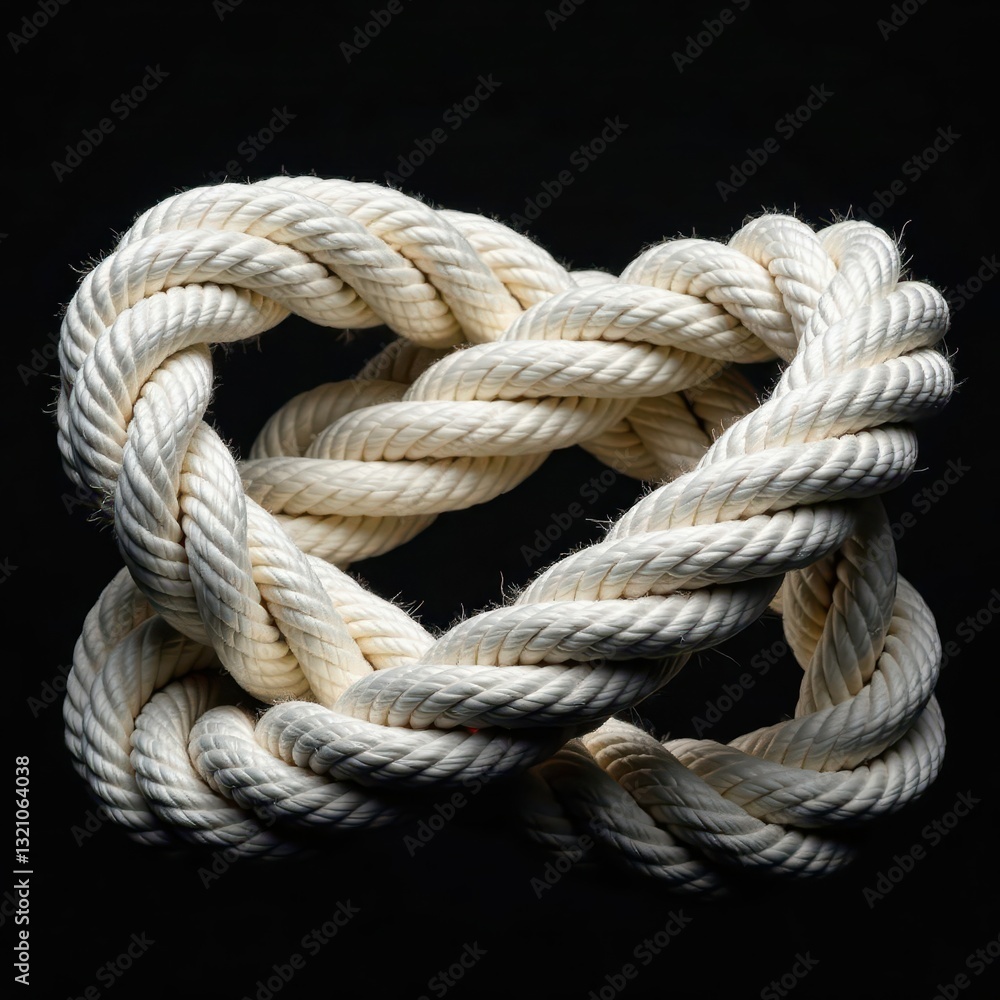 Intertwined white ropes, reef knot, black background, detail, sailing Intertwined white ropes, reef knot, black background, detail, sailing