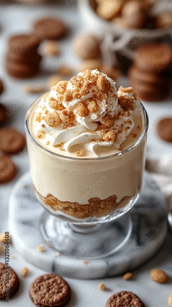 Delicious dessert made with creamy layers, whipped topping, and crunchy crumbles in a cozy setting Delicious dessert made with creamy layers, whipped topping, and crunchy crumbles in a cozy setting