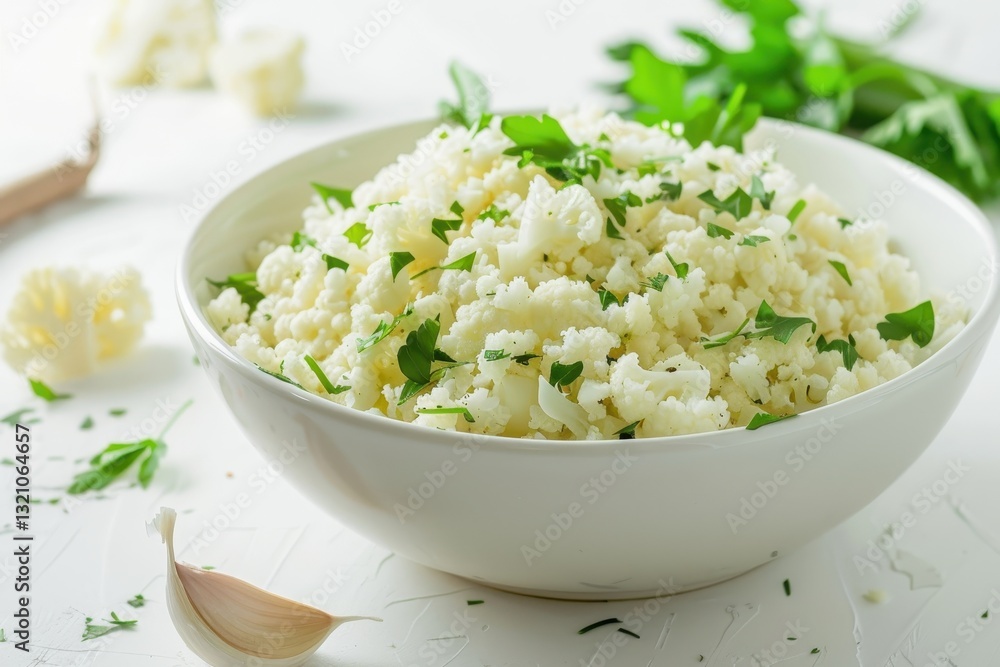 Healthy cauliflower rice bowl with herbs and vegetables. Healthy cauliflower rice bowl with herbs and vegetables.